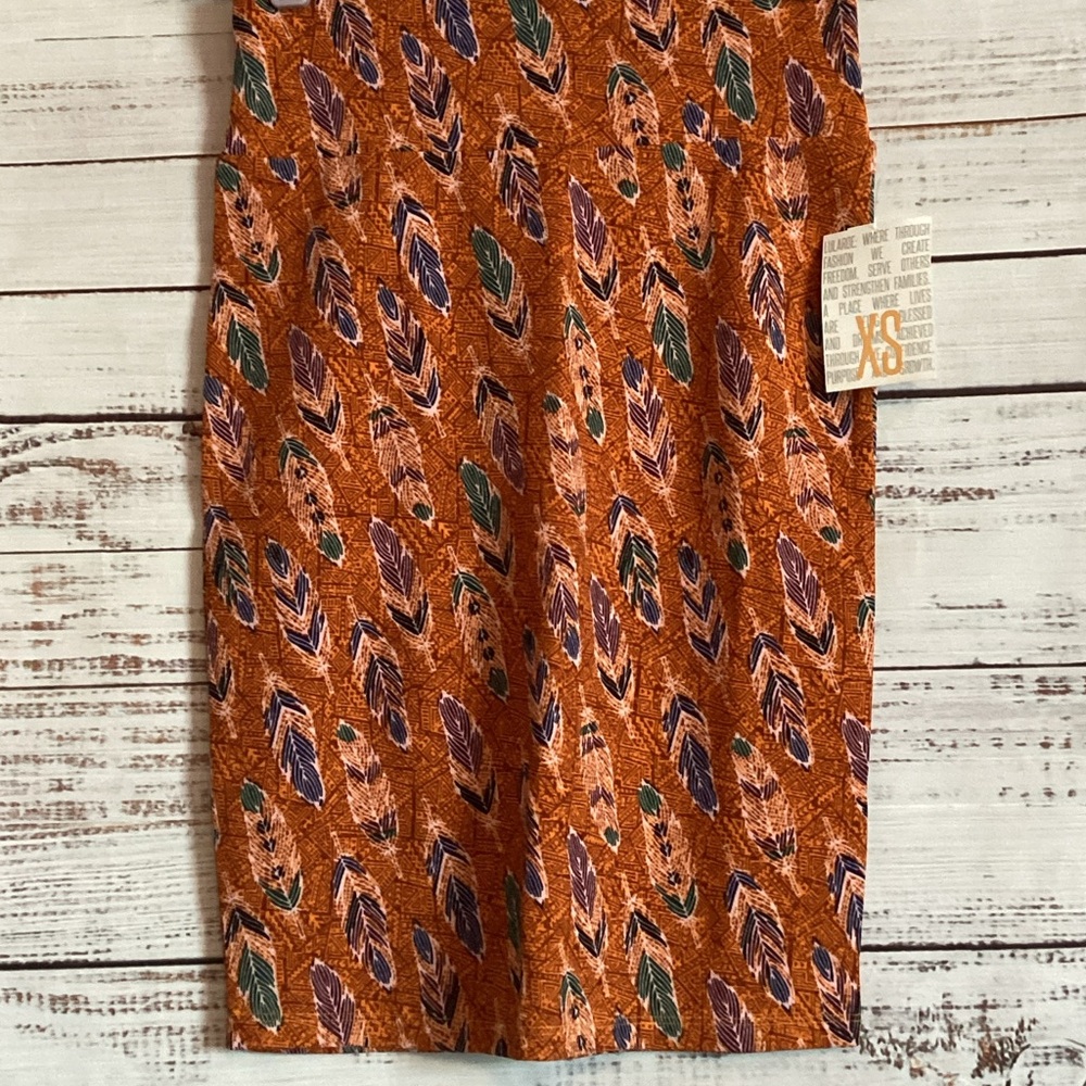 XS LuLaRoe Orange and Feather Print Cassie Skirt